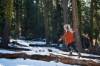 Blondierte Frau mit Hoodie und roter Jacke balanciert auf einem Baumstamm im winterlich verschneiten, sonnigen Wald